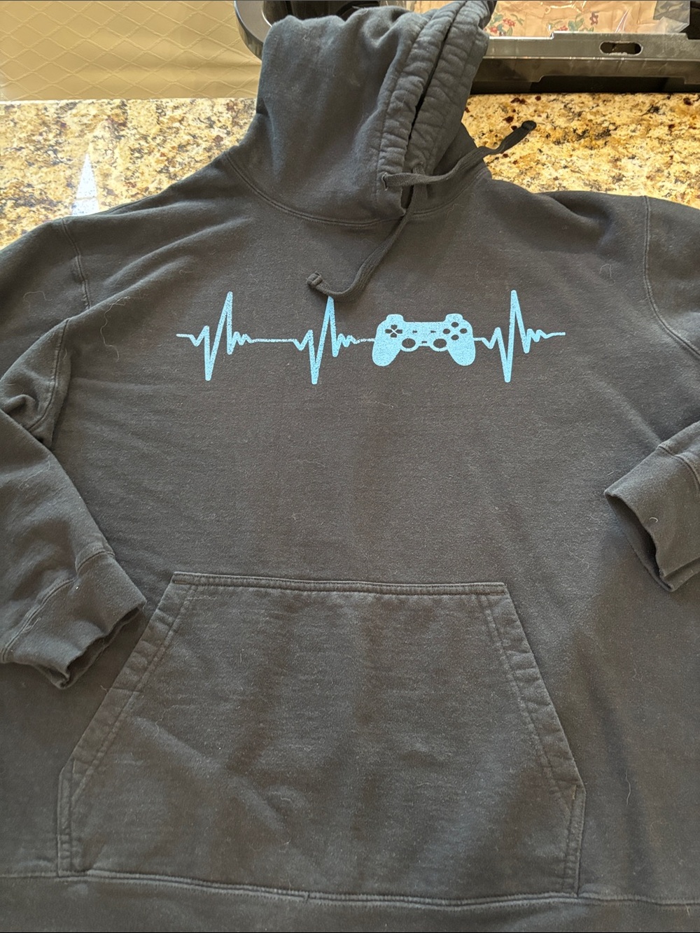 Port Authority Black Hoodie with Light Blue Controller Heartbeat Graphic